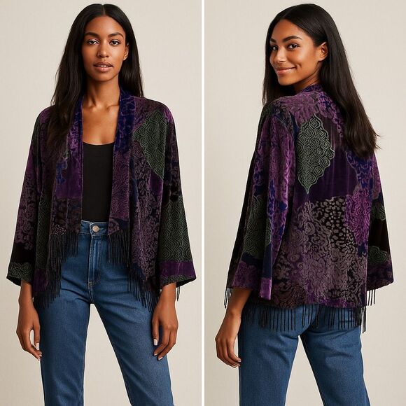 Vtg Y2K Picadilly Burnout Velvet Kimono Fringe Boho Goth 12 Whimsigoth Festival - Picture 1 of 16